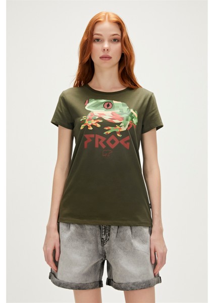 Frog T-Shirt Haki Yeşil Baskılı Kadın Tişört10