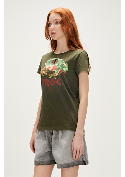 Frog T-Shirt Haki Yeşil Baskılı Kadın Tişört10