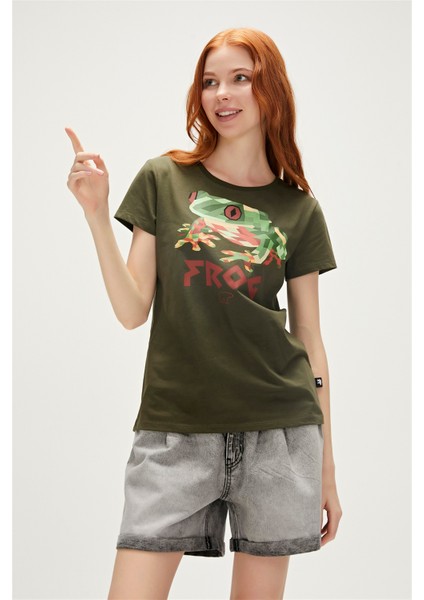 Frog T-Shirt Haki Yeşil Baskılı Kadın Tişört10