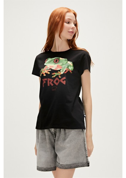 Frog T-Shirt Siyah Baskılı Kadın Tişört10