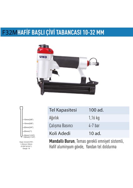 Uno Çivi Tabancası Hafif Başlı 10-32 mm Mandallı DF32M