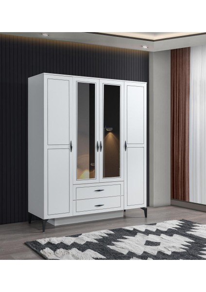 Çizgi 4 Kapılı 2çekmeceli Gardırop Elbise Dolabı 160X55X200CM