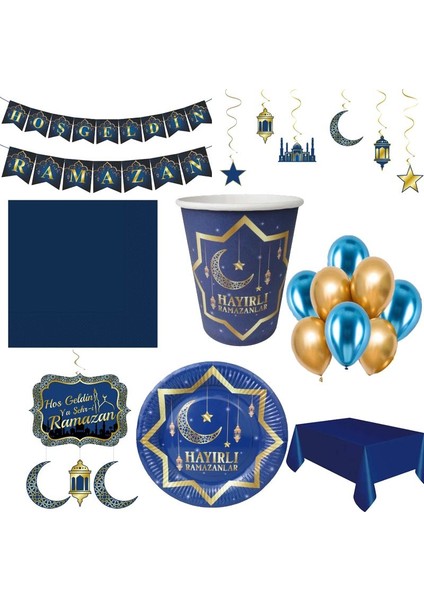Ramazan Temalı Altın ve Mavi Renkli Süsleme ve Sofra Seti