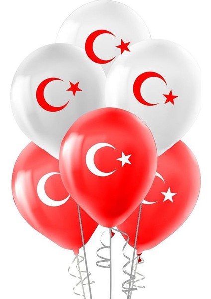 Ay Yıldız Baskılı Balon Kırmızı Beyaz Renk 25 Adet