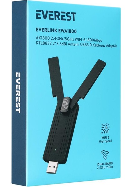 Everlınk EWA1800 1800MBPS 2.4ghz/5ghz Wıfı-6 AX1800 RTL8832 2*3.5dbi Usb3.0 Kablosuz Adaptör