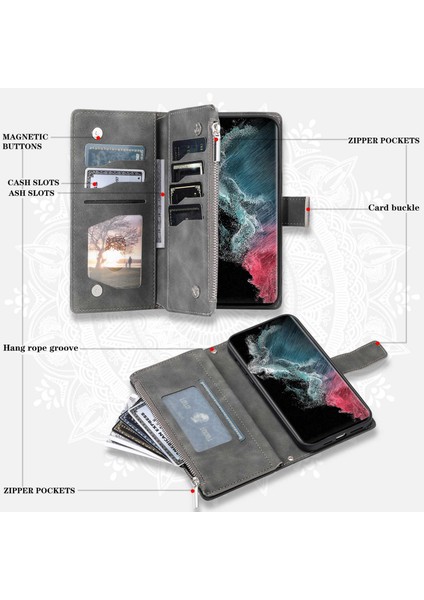 For Samsung Galaxy S23 Ultra, Mandala Çiçek Baskılı Pu Deri Stand Kapağı Çoklu Kart Yuvası Cüzdan (Yurt Dışından)