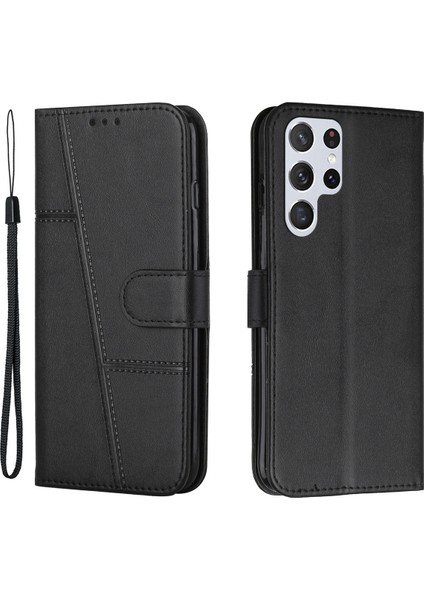 For Samsung Galaxy S23 Ultra Dikiş Pu Deri Cüzdan Kasası Tam Koruma Folio Flip Telefon Standı Kapak Kayış (Yurt Dışından)