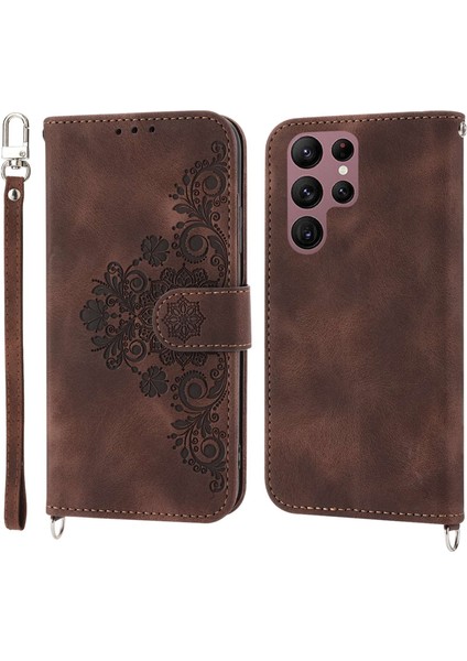 For Samsung Galaxy S23 Için Ultra Anti-Çizelge Telefon Kabuğu Cilt Tahkisi Çoklu Kart Yuvaları Baskılı Çiçekler Stand Deri Cüzdan Kapağı Bilek Kayışı ve Omuz Kayışı ile (Yurt Dışından)