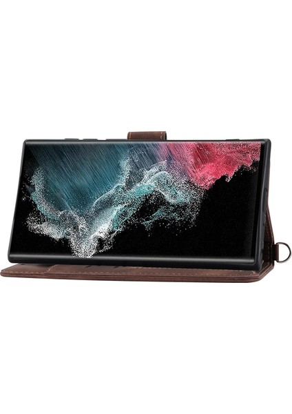 For Samsung Galaxy S23 Için Ultra Anti-Çizelge Telefon Kabuğu Cilt Tahkisi Çoklu Kart Yuvaları Baskılı Çiçekler Stand Deri Cüzdan Kapağı Bilek Kayışı ve Omuz Kayışı ile (Yurt Dışından)