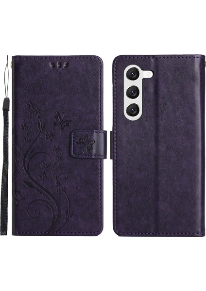 For Samsung Galaxy S23 Için Pu Pu Deri Stand Cüzdan Kılıfı Çiçek Kelebekleri Manyetik Toka Telefon Kapağı (Yurt Dışından)