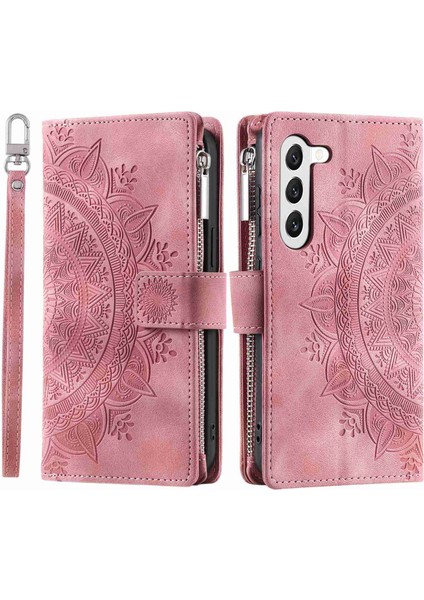 For Samsung Galaxy S23 Plus Için Fermuar Cep Telefonu Kılıfı, Mandala Çiçek Basılı Pu Deri Stand Kapağı Birden Fazla Kart Yuvası Cüzdan (Yurt Dışından)