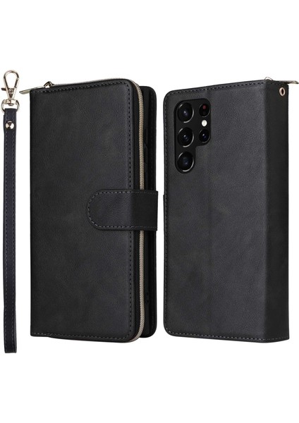 For Samsung Galaxy S23 Için Ultra Eller Serbest Stand Cüzdan Telefon Flip Case Pu Deri Manyetik 9 Kart Tutucu Yuvaları Zipper Cep Kapağı Kayışla (Yurt Dışından)