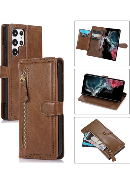 For Samsung Galaxy S23 Ultra Pu Deri Cüzdan Kılıfı Zipper Cep Standı Manyetik Flip Telefon Kapağı (Yurt Dışından)