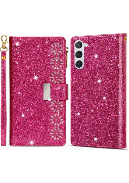 For Samsung Galaxy S23 Için Plus Kart Tutucu Damla Geçirmez Telefon Kapağı Lazer Oyma Glittery Yıldızlı Tarz Fermuar Cüzdan Stand Deri Telefon Kılıfı Kayış (Yurt Dışından)
