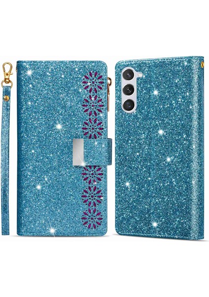 For Samsung Galaxy S23 Için Plus Kart Tutucu Damla Geçirmez Telefon Kapağı Lazer Oyma Glittery Yıldızlı Tarz Fermuar Cüzdan Stand Deri Telefon Kılıfı Kayış (Yurt Dışından)