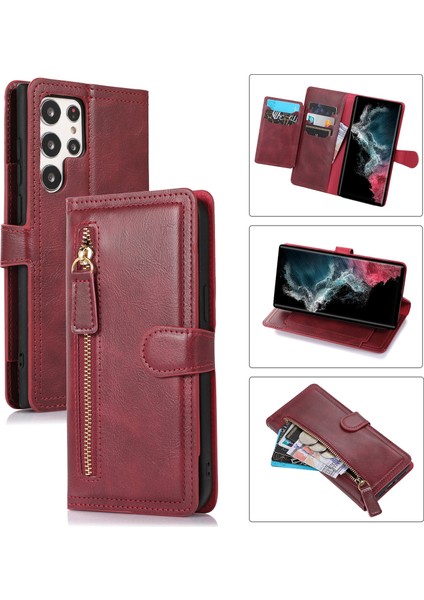 For Samsung Galaxy S23 Ultra Pu Deri Cüzdan Kılıfı Zipper Cep Standı Manyetik Flip Telefon Kapağı (Yurt Dışından)