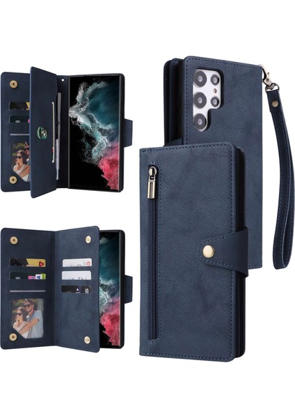 For Samsung Galaxy S23 Ultra Telefon Kılıfı Stand Cüzdan Birden Çok Kart Yuvası Perçin Toka Pu Deri Telefon Kapağı Kayışla (Yurt Dışından)