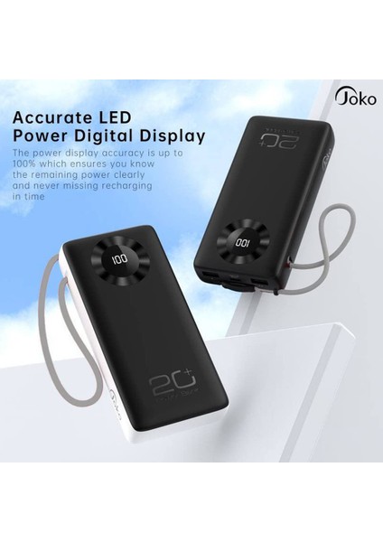 Coverzone Joko Powerbank 20000MAH Type-C Lighning 2in1 Dahili El Askılı USB Kablo 15W Hızlı Şarj Çift Usb,1 Type-C Girişli Dijital Ekranlı J08 Siyah