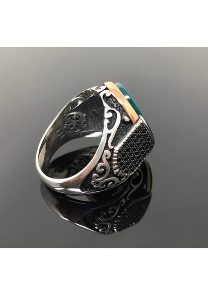 925 Ayar Gümüş Yeşil Akik Taşlı Mini Zirkon Taş Süslemeli Erkek Yüzük modelleri