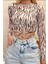Zebra Desenli Belden Çapraz Bağlamalı Kahverengi Crop Bluz 1