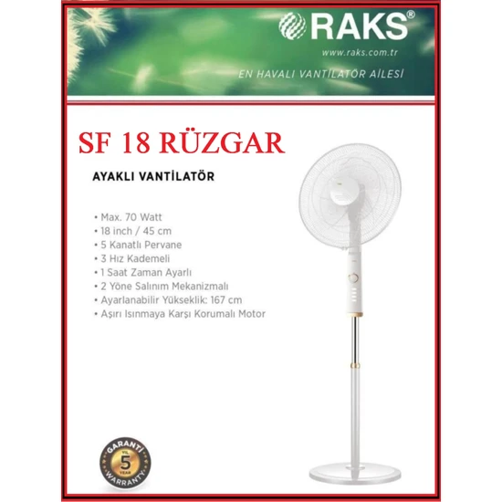 Raks Sf 18 Lindos Ayaklı Vantilatör 75W