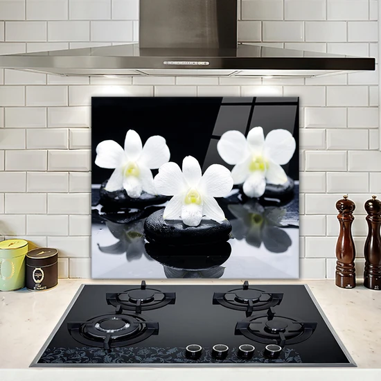Decorita Taş Üzeri 3'lü Orkide | Cam Ocak Arkası Koruyucu | 52cm x 60cm