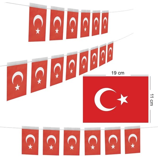 Kırmızı Beyaz Renk Ay Yıldız Ip Dizgi Kağıt Bayrak Afiş Büyük Boy 50 Li 6 mt