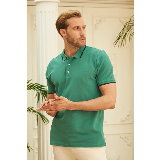 Odelon Erkek Slim Fit Düz Polo Yaka T-Shirt Yeşil