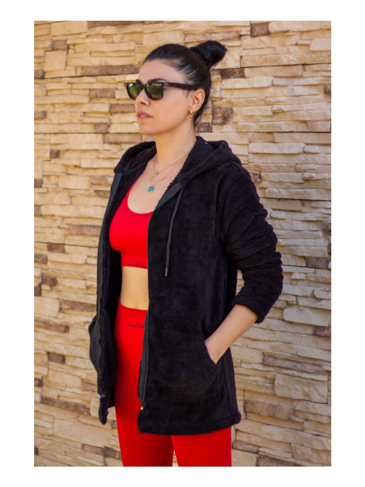 Azıcık Akıllı Kadın Saks Koyu Mavi Peluş Kalın Fermuarlı Kapüşonlu Cepli Ceket 23KCKTMY50 - Görsel 3