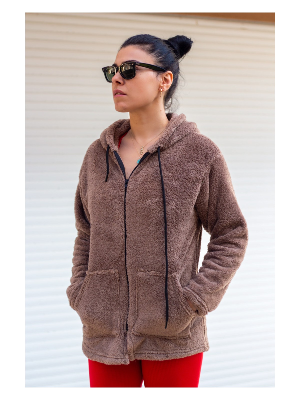 Azıcık Akıllı Kadın Saks Koyu Mavi Peluş Kalın Fermuarlı Kapüşonlu Cepli Ceket 23KCKTMY50 - Görsel 4