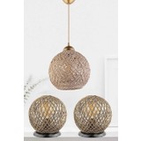 Abba Gift Balle Sarkıt Top Avize ve 2'li Küre Abajur Jüt Bej Masa Lambası 3'lü Set