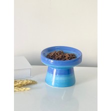 Stilin Bu Kedi Mama Kabı El Yapımı Seramik Gökkuşağı Mavi