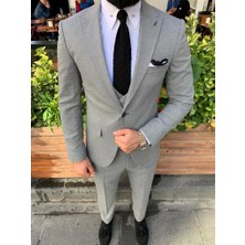 GlbFC Plus Erkek Dar Kesim Slimfit Yelekli Takım Elbise - Gri