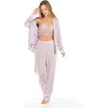 Feyza Kadın 3 Lü Dantel Büstiyerli Jakarlı Saten Lila Pijama Takımı 4C8T0N4