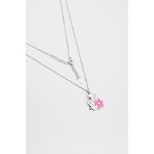So CHIC Pembe Çiçek 18 Ayar Beyaz Altın Kaplama 33 Cm Gümüş Çocuk Kolye
