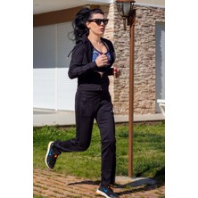 Azıcık Akıllı Kadın Siyah Iki Şeritli Biyeli Fermuarlı Kapüşonlu Spor Eşofman Takımı 21KESTAX11