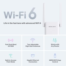 Mercusys ME70X, AX1800 Mbps, 1 Gigabit Bağlantı Noktası ve 2 Harici Anten, Dahili Access Point Modu, Tek Tuşla Kolay Kurulum, Mobil Uygulama Desteği, Dual-Band Wi-Fi 6 Menzil Genişletici