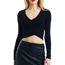 HMY Kruvaze Yaka Uzun Kollu Crop Bluz