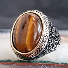 Takılingo 925 Ayar Gümüş Oval Kahverengi Kaplangözü Taşlı Telkari Kasa Erkek Yüzük