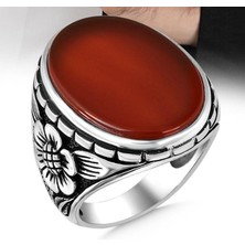 Takılingo 925 Ayar Gümüş Oval Kırmızı Akik Taşlı Desenli Erkek Yüzük