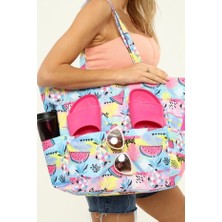 İcone Bag Kadın Plaj Çantası, Fonksiyonel Baskılı Plaj Çantası, Beach Bag, Flamingo Desenli Fermuarlı Çanta