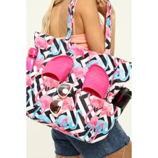 İcone Bag Kadın Plaj Çantası, Fonksiyonel Baskılı Plaj Çantası, Beach Bag, Flamingo Desenli Fermuarlı Çanta