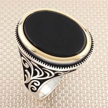 Takılingo 925 Ayar Gümüş Oval Siyah Oniks Taşlı Yaprak Desenli Erkek Yüzük