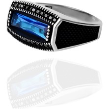 Encili Silver 925 Ayar Gümüş Özel Tasarım Yatay Beyaz Taşlı Erkek Yüzük