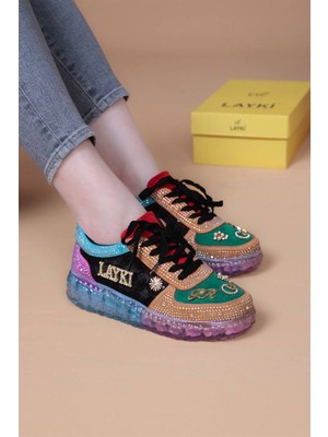 Layki Astra Taşlı Desenli Şeffaf Taban Renkli Kadın Sneaker