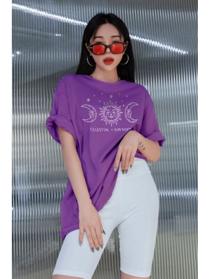 Millionaire Kadın Mor Oversize Celestial Sun Moon Baskılı T-Shirt - K211310
