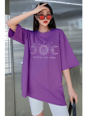 Millionaire Kadın Mor Oversize Celestial Sun Moon Baskılı T-Shirt - K211310