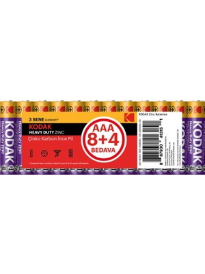 Kodak 12 Adet Çinko Karbon İnce AAA Pil 1.5V Tek Kullanımlık Yüksek Performanslı