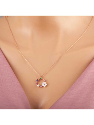 Gumush Gümüş Rose Renkli Taşlı Manolya Çiçeği Kadın Kolye
