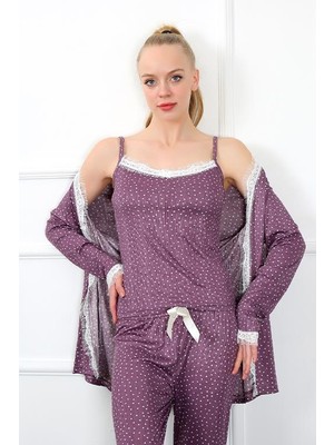 Moto Angela Akb Kadın 3'lü Mürdüm Sabahlık Pijama Takım 16103